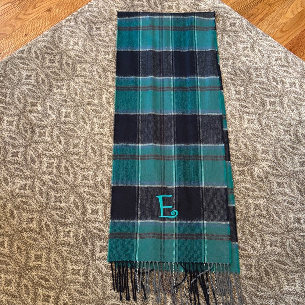 Green and Black Plaid Scarf with Monogram